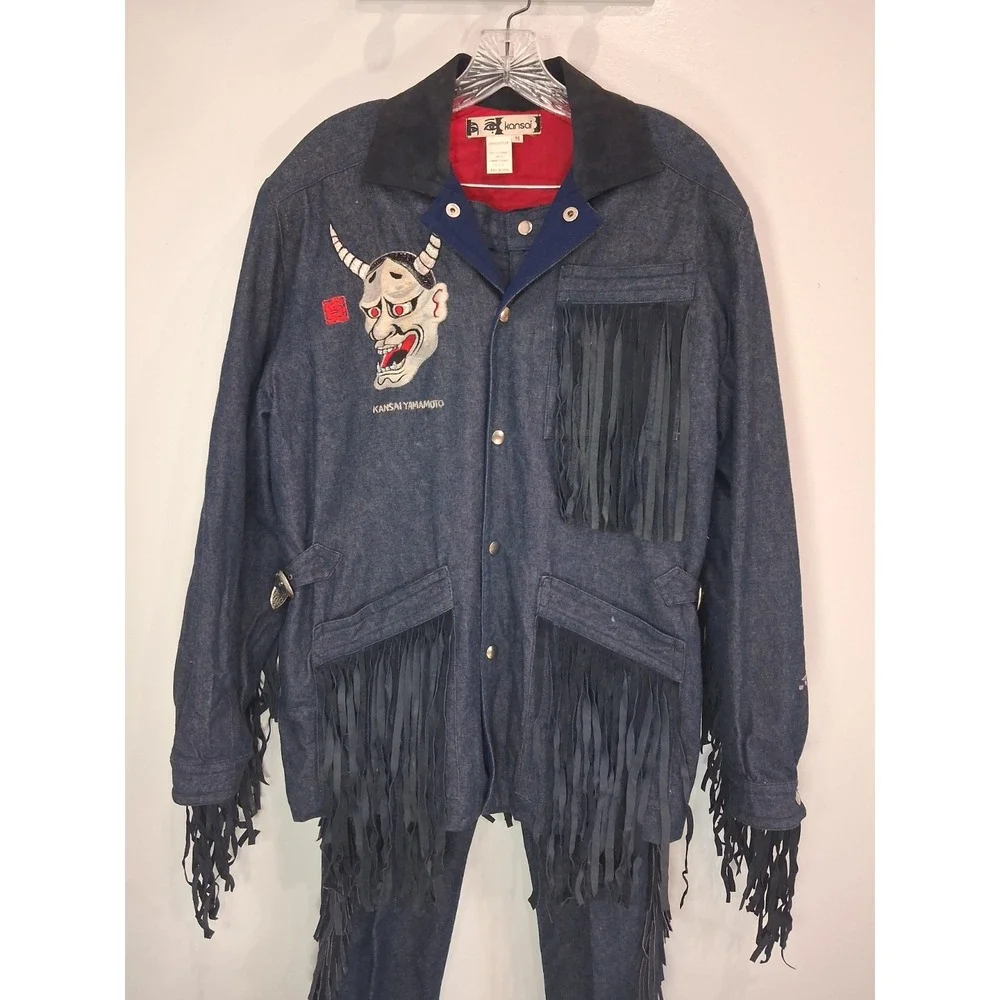 Archival 1980s Kansai Yamamoto Denim Suit Leather Fringe Hannya Mask Japan